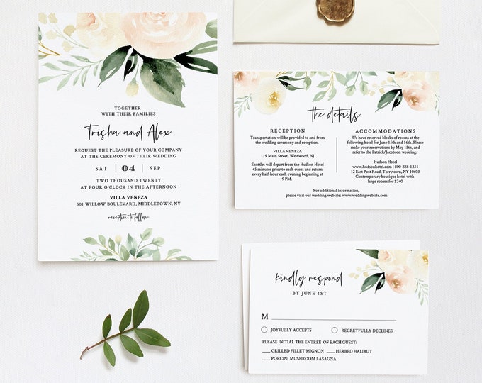 Delicate Peach Floral Wedding Invitation Template, Watercolor Florals, Greenery Invite, RSVP and Details, 100% Editable Text, Templett #076B