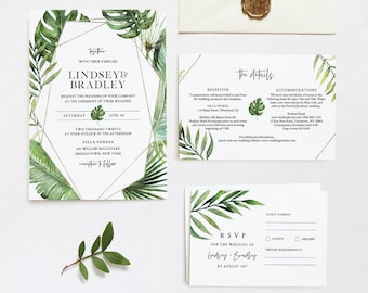 Tropical Wedding Invitation Suite, Destination Beach Wedding Invite, RSVP and Details, Editable Template, INSTANT DOWNLOAD, Templett #083B