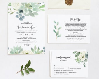 Succulent Wedding Invitation Set, Printable Delicate Watercolor Greenery, Spring Summer Wedding, Editable Template, INSTANT DOWNLOAD #075B