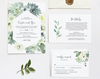 Garden Wedding Invitation Set, Printable Delicate Watercolor Succulent Greenery, Boho Wedding, Editable Template, INSTANT DOWNLOAD #075C