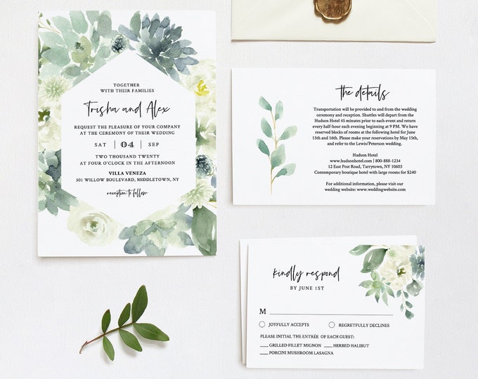 Garden Wedding Invitation Set, Printable Delicate Watercolor Succulent Greenery, Boho Wedding, Editable Template, INSTANT DOWNLOAD #075C