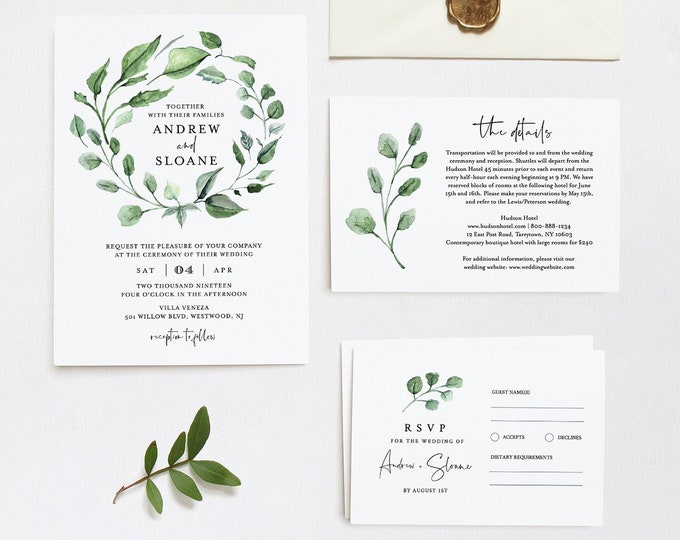 Wedding Invitation Set, Greenery Wreath, Boho Wedding, Editable Template, Invite, RSVP and Details, INSTANT DOWNLOAD, DiY, Templett #059B