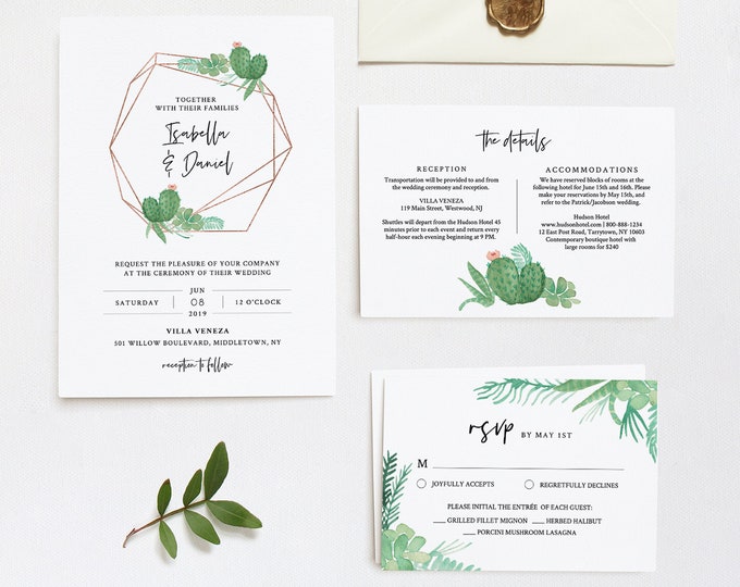 Cactus Wedding Invitation Set Template, INSTANT DOWNLOAD, 100% Editable Text, Succulent Invite, RSVP & Detail, Printable, Templett #086A