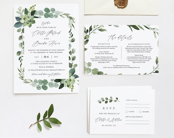 Greenery Wedding Invitation Template, Self-Editing Invite, RSVP and Details, 100% Editable Text, Printable, INSTANT DOWNLOAD, Templett #082A