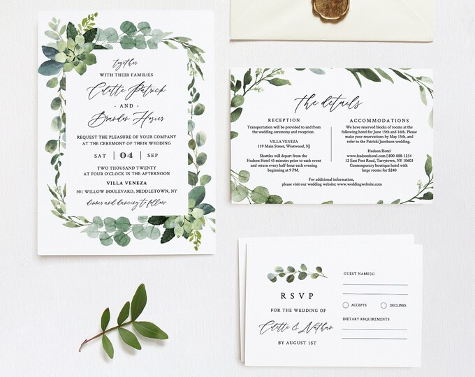 Greenery Wedding Invitation Template, Self-Editing Invite, RSVP and Details, 100% Editable Text, Printable, INSTANT DOWNLOAD, Templett #082A