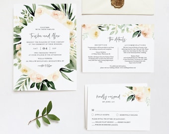 Greenery Wedding Invitation Template, Peach Florals, Printable Invite, RSVP and Details, 100% Editable Text, INSTANT DOWNLOAD Templett #076C