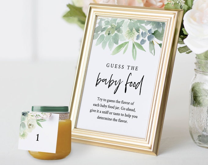 Baby Food Game, Guess the Baby Food, Succulent Greenery Baby Shower Game, DIY Editable Template, INSTANT DOWNLOAD, Templett #075-158BG