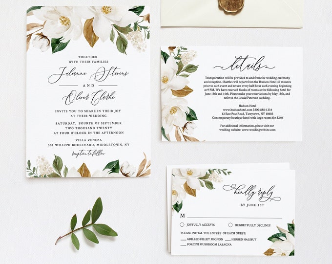 Magnolia Wedding Invitation Template, DiY Southern Wedding, Cotton Boll, Printable Greenery Invite, RSVP & Details, INSTANT DOWNLOAD #015C