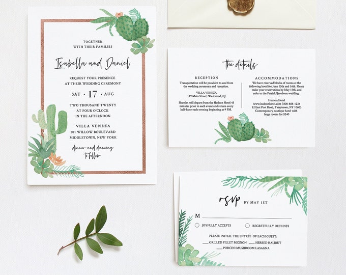 Succulent Wedding Invitation Set Template, INSTANT DOWNLOAD, 100% Editable Text, Cactus Fiesta Wedding Invite, RSVP & Detail, Templett #086C