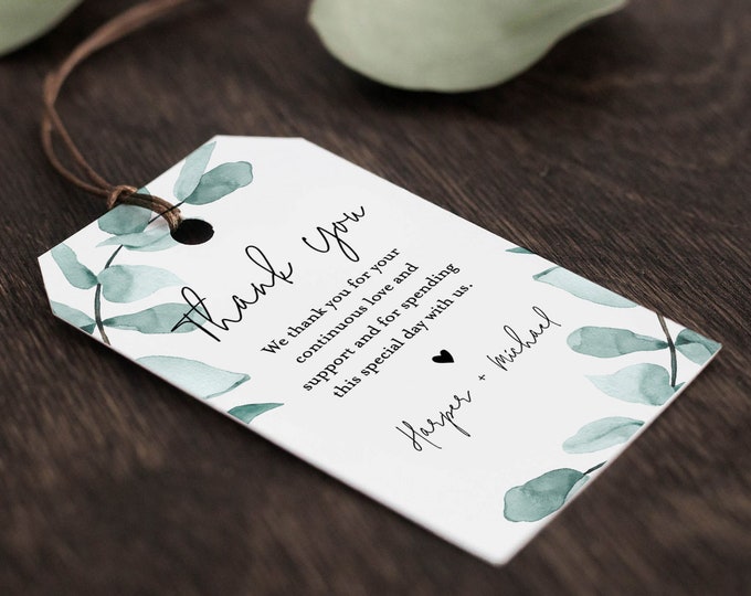 Eucalyptus Favor Tag Template, Thank You Tag, Bridal Shower Tag, Welcome Bag, Birthday, INSTANT DOWNLOAD, Editable Text, Templett #049-136FT