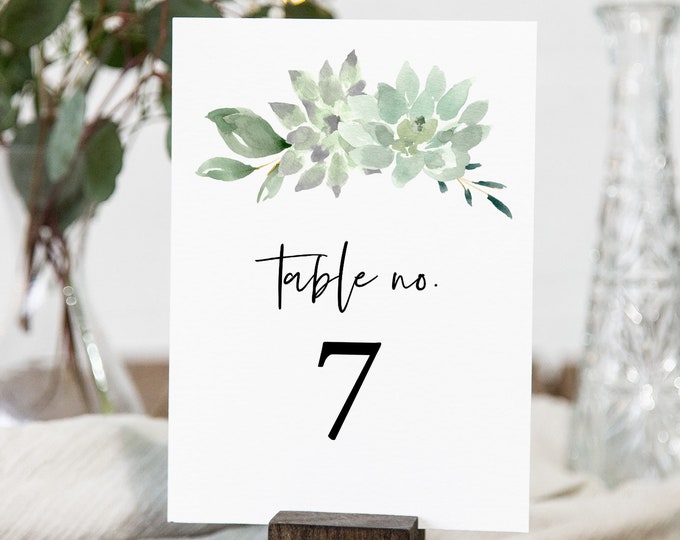 Succulent Table Number Card Template, Printable Greenery Wedding Table Card, INSTANT DOWNLOAD, 100% Editable Text, Templett, DIY #075-141TC