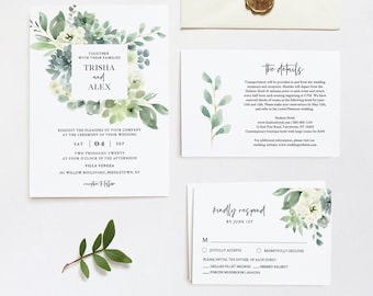 Greenery Wedding Invitation Set, Delicate Watercolor Succulent, Spring Summer Wedding, Editable Template, INSTANT DOWNLOAD, Templett #075A