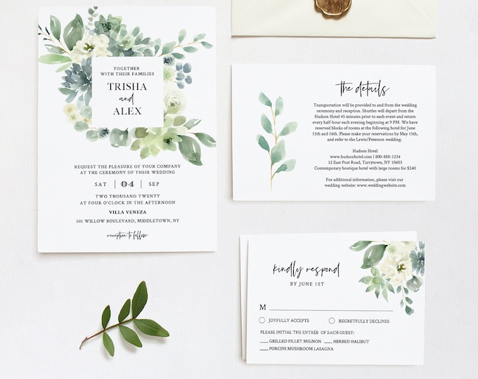 Greenery Wedding Invitation Set, Delicate Watercolor Succulent, Spring Summer Wedding, Editable Template, INSTANT DOWNLOAD, Templett #075A