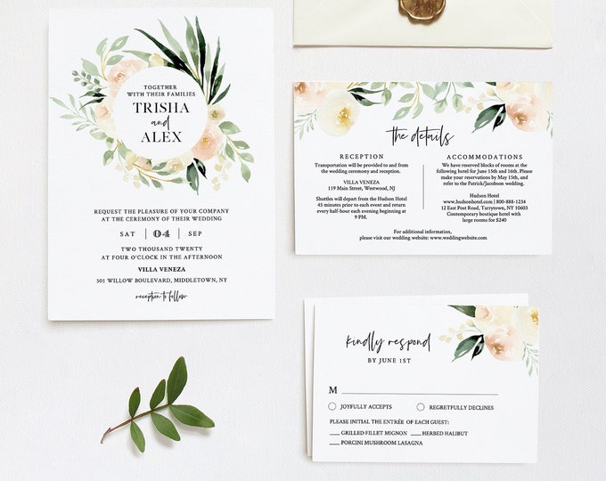 Wedding Invitation Set, Delicate Cream Peach Floral & Greenery, Spring Summer Wedding, Editable Template, INSTANT DOWNLOAD, Templett #076A