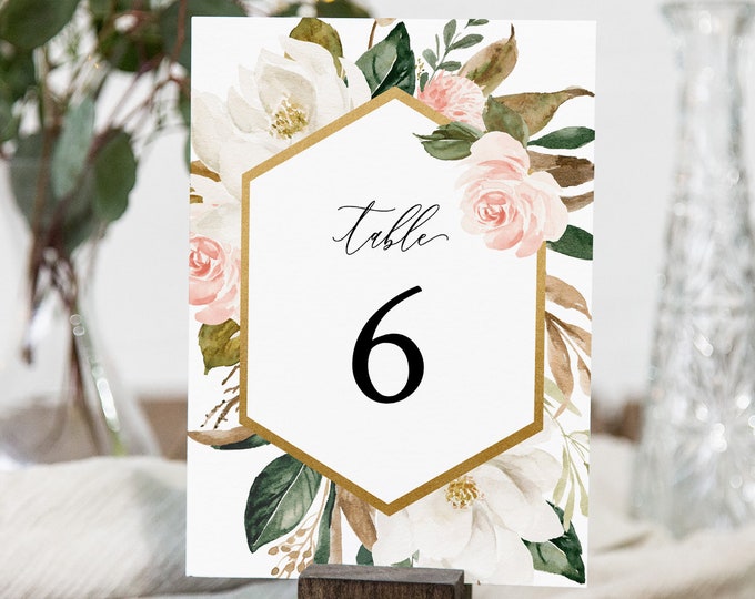 Magnolia Wedding Table Number Card, Printable Seating Card, Boho Floral & Greenery, INSTANT DOWNLOAD, Editable Template, Templett #015-144TC