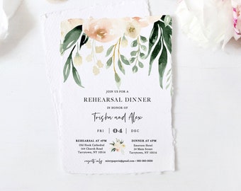 Greenery Rehearsal Dinner Template, INSTANT DOWNLOAD, 100% Editable Text, Printable Peach Floral Rehearsal Invite, Templett, DIY #076-141RD