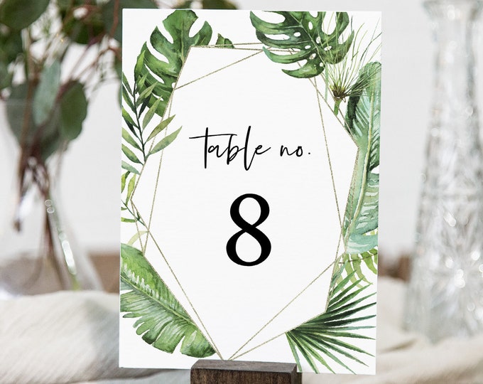 Tropical Table Card Template, Wedding Table Number Printable, Beach Wedding, Palm Greenery, Editable Text, INSTANT DOWNLOAD #083-152TC