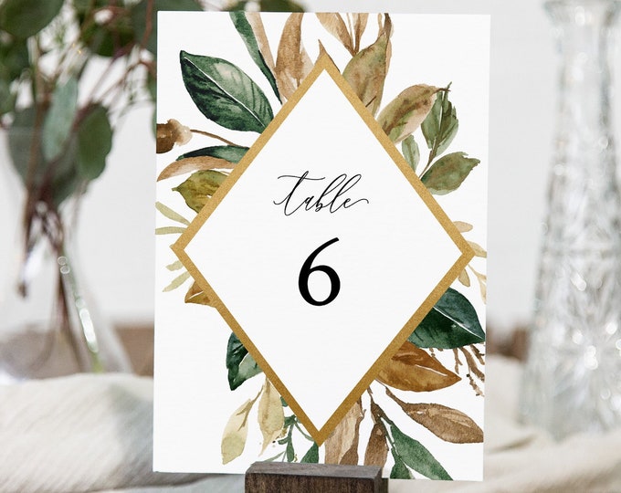 Table Number Card, Printable Wedding Table Number, Fall Foliage & Greenery, Magnolia Leaf, INSTANT DOWNLOAD, Editable Template #015-143TC