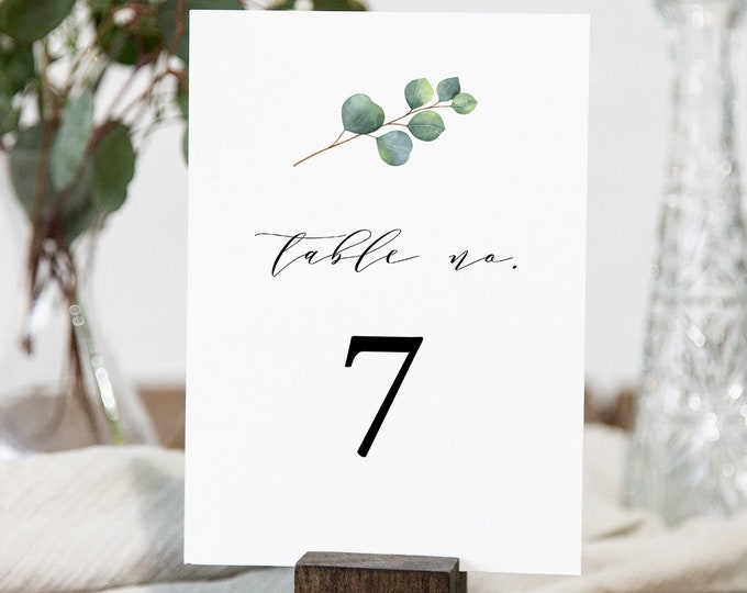 Eucalyptus Table Number Card, Greenery Wedding Table Card, INSTANT DOWNLOAD, Editable Template, Unlimited Table Numbers, Templett #036-146TC