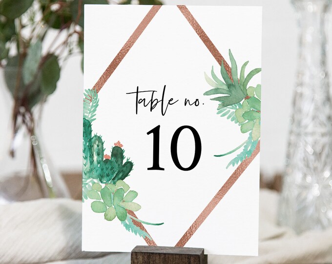 Succulent Table Number Card Template, Cactus & Rose Gold Wedding Table Number, 100% Editable Text, INSTANT DOWNLOAD, Templett #086-151TC