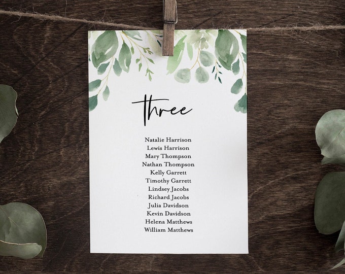 Wedding Seating Chart Template, Greenery Hanging Seating Cards, 100% Editable Text, Succulent, Instant Download, Templett, DIY #075-118SP