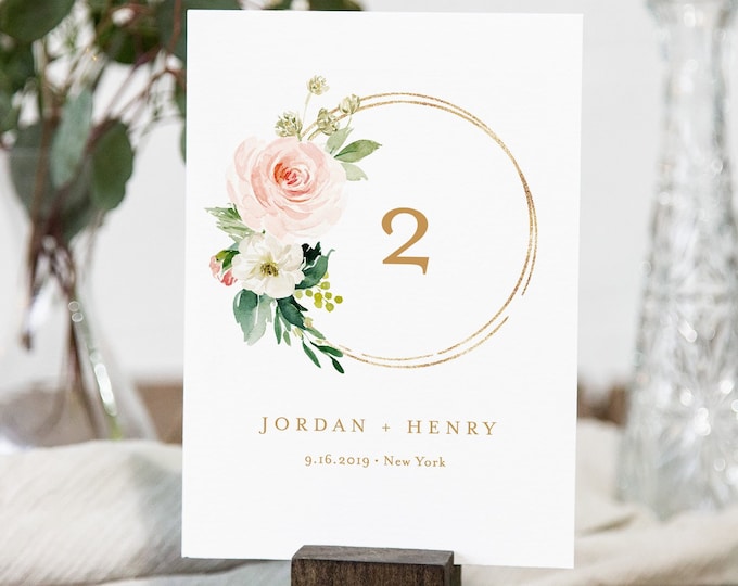 Boho Table Number Card Template, Wedding Table Number, 100% Editable Text, Blush Florals & Greenery, INSTANT DOWNLOAD, Templett  #043-149TC