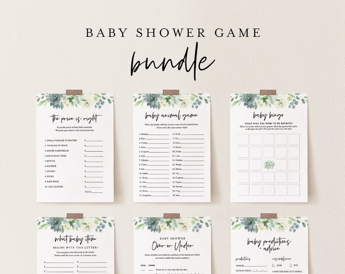 Baby Shower Game Bundle, 10 Editable Games, INSTANT DOWNLOAD, Personalize Questions, Succulent Shower Games, Editable Template, DIY #075BBGB