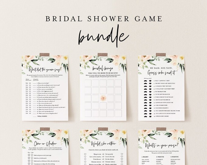 Bridal Shower Game Bundle, 12 Editable Templates, INSTANT DOWNLOAD, Customize Name & Questions, Peach Floral Bridal Games, Templett #076BGB