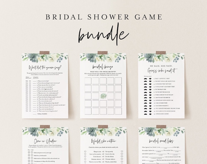 Bridal Shower Game Bundle, 11 Editable Games, INSTANT DOWNLOAD, Customize Name & Questions, Succulent Shower Game Template, DIY #075BGB