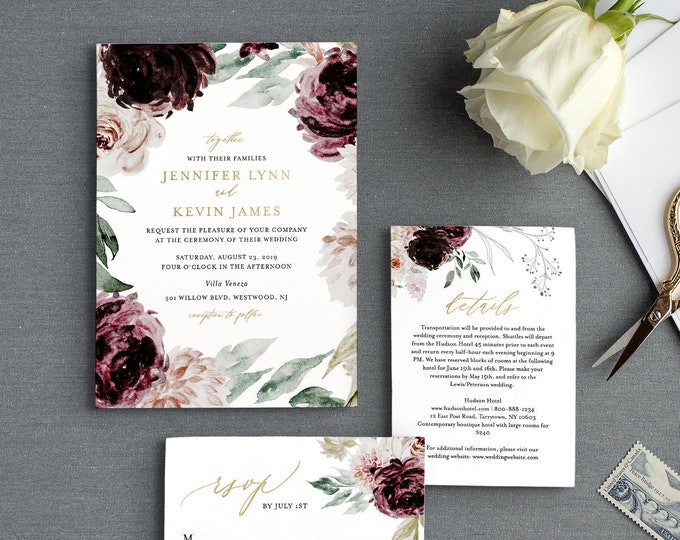 Moody Florals Wedding Invitation Suite Template, 100% Editable Text, Romantic Purple Boho, Invite, RSVP & Detail, INSTANT DOWNLOAD #074A