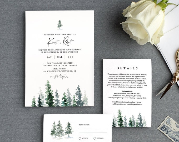 Pine Wedding Invitation Suite, Winter Rustic Wedding Invite, RSVP and Details, 100% Editable Text, INSTANT DOWNLOAD, Templett, DiY  #073A