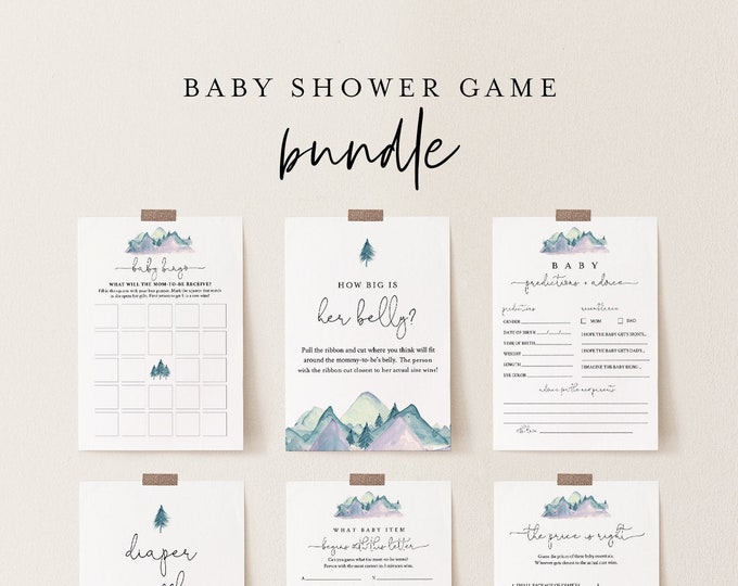 Baby Shower Game Bundle, 12 Editable Games, Mountain Pine, INSTANT DOWNLOAD, Personalize Questions, Editable Template, Templett #063BBGB