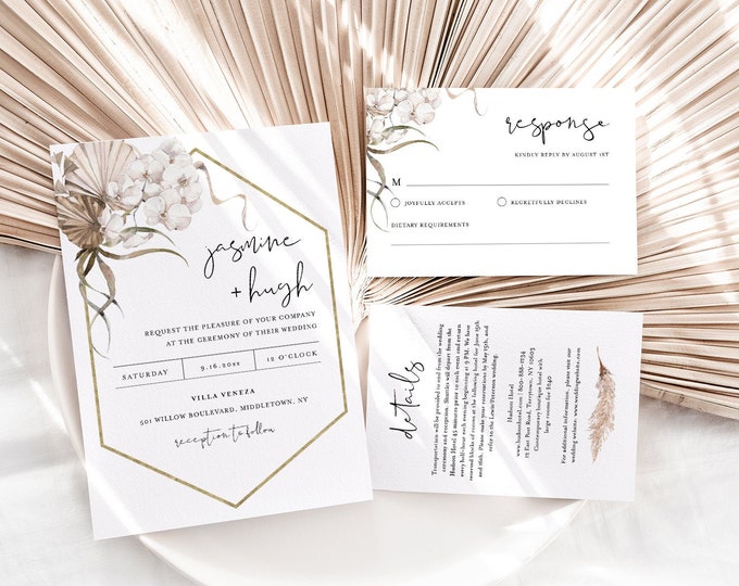 Bohemian Wedding Invitation Set, Dried Foliage, Pampas, Palm Wedding Invite, RSVP, Detail, Editable Template, Instant Download #0022B