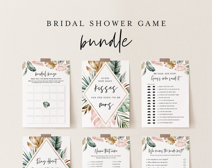 Bridal Shower Game Bundle, 13 Editable Templates, INSTANT DOWNLOAD, Customize Name & Questions, Tropical Bridal Games, Templett #087BGB