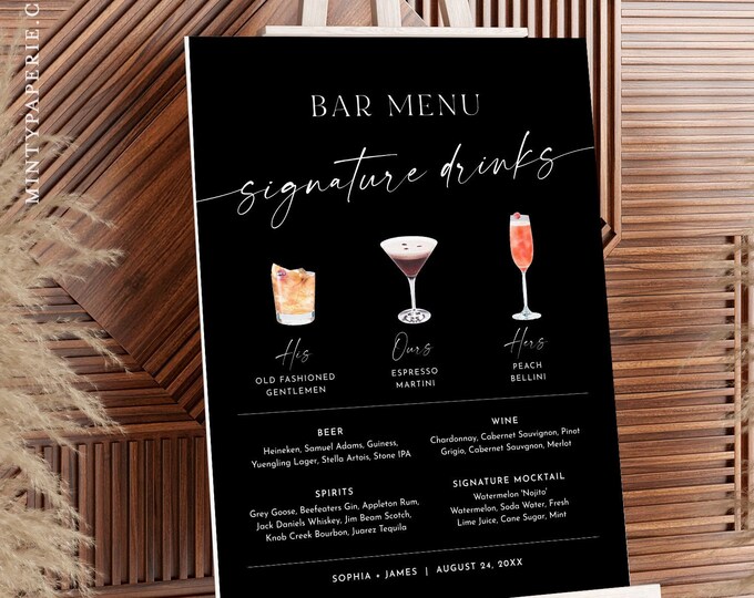 Signature Drinks Bar Sign, Classic Black, 200+ Cocktails, Wine, Beer, His and Her Drinks, Editable Bar Menu, Instant, Templett #0034B-10S