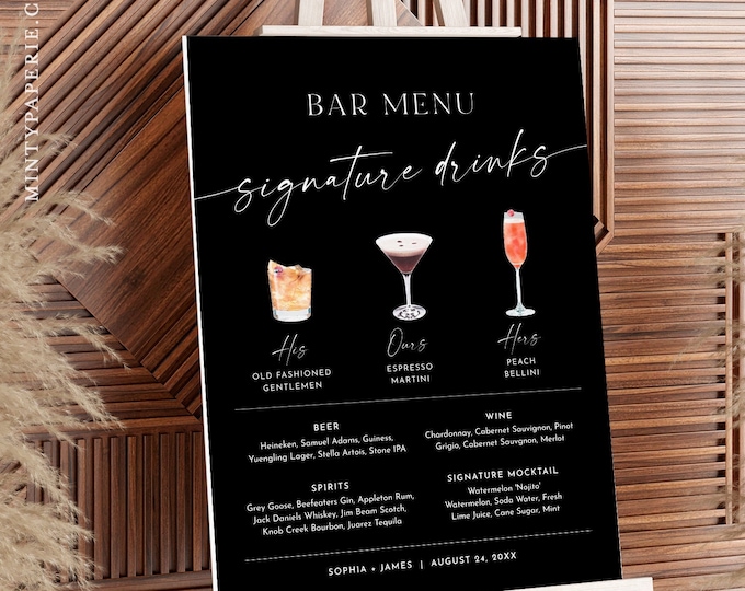 Signature Drinks Bar Sign, Classic Black, 200+ Cocktails, Wine, Beer, His and Her Drinks, Editable Bar Menu, Instant, Templett #0034B-10S