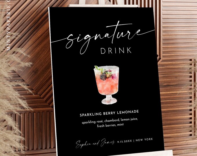Signature Drink Sign, Cocktails, Wine, Beer, Classic Black Signature Bar Menu, Alcohol, 200+ Drinks, Editable, Instant, Templett #0034B-09S