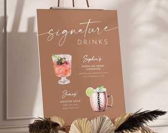 Signature Drinks Sign, Cocktails, Wine, Beer, His and Her, Boho Terracotta Signature Bar Menu, Alcohol, Editable, Templett #0034T-14S