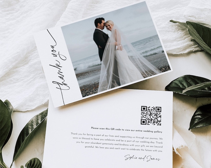Wedding Photo Thank You, Minimal, Wedding Photos QR code, Editable Text / Photo, Instant Download, Templett, Flat Card, 5x7 #0032-209TYC