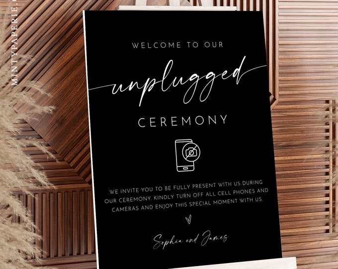 Unplugged Ceremony Wedding Sign, Classic Black Welcome Sign, No Phone Camera, Editable Template, Instant, Templett, 8x10, 18x24 #0034B-12S
