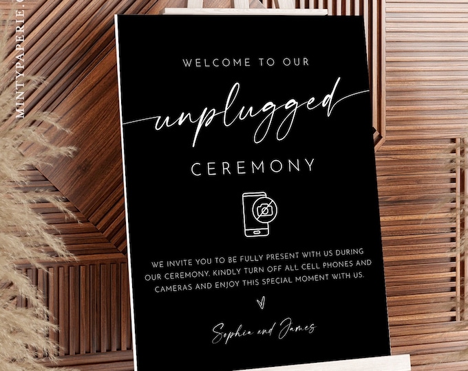 Unplugged Ceremony Wedding Sign, Classic Black Welcome Sign, No Phone Camera, Editable Template, Instant, Templett, 8x10, 18x24 #0034B-12S