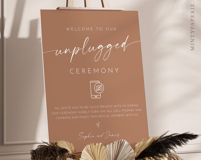 Boho Unplugged Ceremony Wedding Sign, Terracotta Welcome Sign, No Phone Camera, Editable Template, Instant, Templett, 8x10, 18x24 #0034T-12S