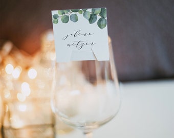 Wine Glass Place Card Printable, Eucalyptus Wedding Buffet Card Template, Greenery Square Name Card, 100% Editable, Templett #036-102SPC