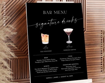 Signature Drinks Bar Sign, Classic Black, 200+ Cocktails, Wine, Beer, His and Her Drinks, Editable Bar Menu, Instant, Templett #0034B-11S