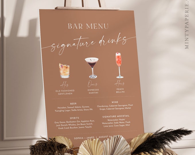 Signature Drinks Bar Sign, Boho Terracotta, 200+ Cocktails, Wine, Beer, His and Her Drinks, Editable Bar Menu, Instant, Templett #0034T-10S