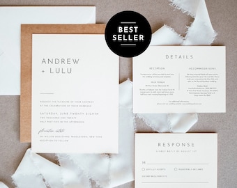 Minimalist Wedding Invitation Set, Simple, Modern, Basic Wedding Invite, RSVP, Detail, Editable Template, Instant Download, Templett #094B