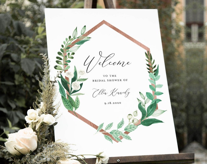 Welcome Sign Poster, Greenery & Rose Gold Wedding / Bridal Shower, Editable Template, Instant Download, Printable, Templett #080A-218LS