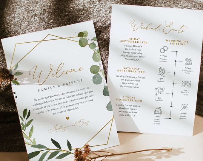 Greenery Welcome Letter & Timeline Template, Wedding Order of Events, Itinerary, Instant Download, Editable Text, Templett #056-164WB