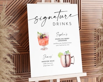 Signature Drinks Sign, Cocktails, Wine, Minimalist, His and Her Signature Bar Menu, Alcohol, Editable, Templett, 8x10, 18x24 #0034W-14S