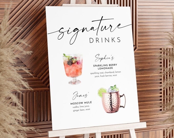 Signature Drinks Sign, Cocktails, Wine, Minimalist, His and Her Signature Bar Menu, Alcohol, Editable, Templett, 8x10, 18x24 #0034W-14S